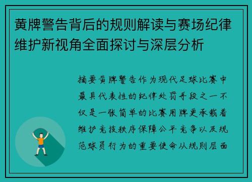 黄牌警告背后的规则解读与赛场纪律维护新视角全面探讨与深层分析